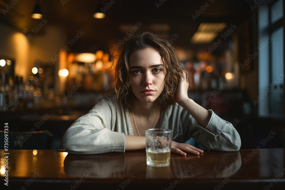 AI generated portrait of sad depressed alcoholic person sitting in a bar
