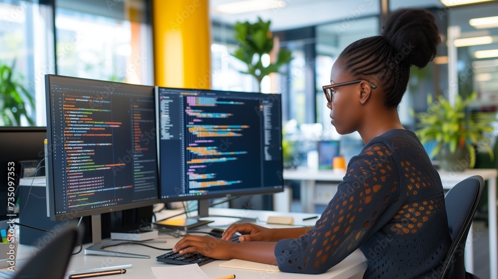 Professional woman programmer coding with dual monitors in a modern ...