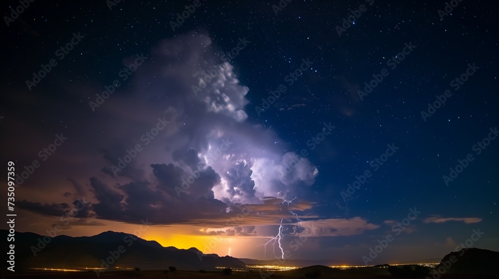 A stormy night sky over mountains, lit by dazzling lightning and a city's glow, contrasts with the serene twinkle of stars.