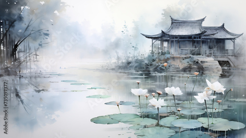 Waterside pavilion with lotus flowers, Chinese Ink wash painting photo