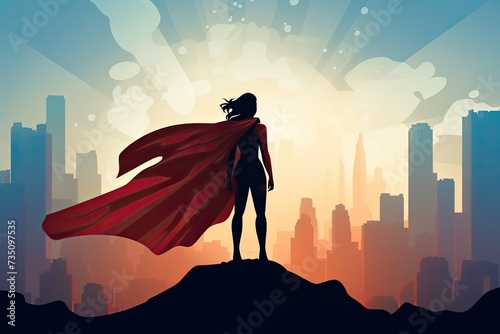 hero woman with cape stand on a cliff illustration