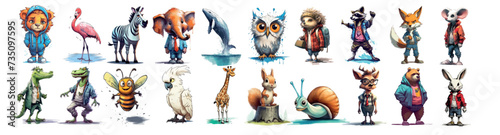Whimsical Gathering of Anthropomorphic Animals: A Vibrant Vector Illustration of Various Creatures in Human photo