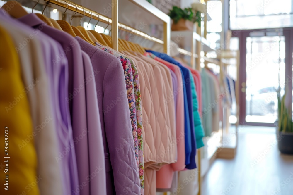 Modern interior of bright fashionable boutique. Collection of stylish women's clothes in pastel colors on rack in empty modern boutique Modern interior of bright fashionable boutique. Collection of stylish women's clothes in pastel colors on rack in empty modern boutique