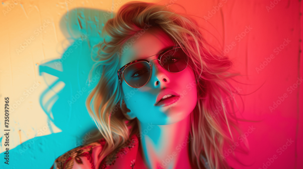 Fototapeta premium Stylish Woman in Sunglasses with Colorful Shadow Play