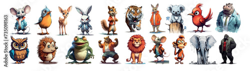 Whimsical Assembly of Animated Animals: A Colorful Vector Illustration of Diverse Creatures Exhibiting Unique Styles