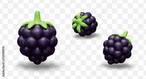 Realistic blackberry with green tail. Ripe black wild berry. Eco product, natural food