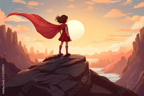 hero child with cape stand on a cliff illustration