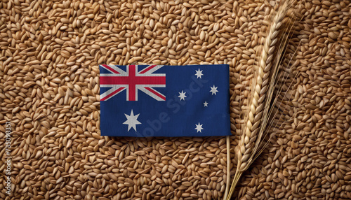 Grains wheat with Australia flag, trade export and economy concept. Top view.