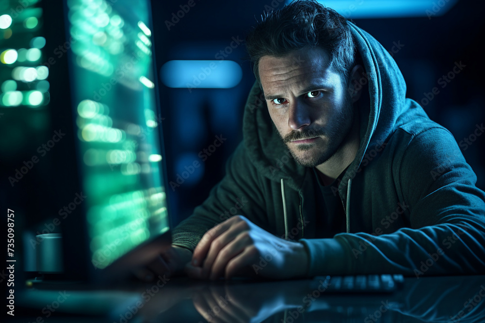 Experienced hacker in action breaking software protection server code Generative Ai image pic Experienced hacker in action breaking software protection server code Generative Ai image pic