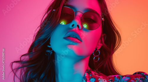 Young Woman in Sunglasses with Colorful Neon Light Reflection