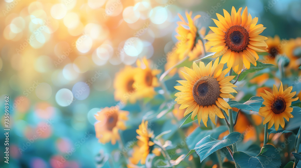Sunflowers Basking in the Sunlight Bokeh, Vibrant sunflowers with a stunning sunlight bokeh effect in the background, symbolizing summer warmth. Sunflowers Basking in the Sunlight Bokeh, Vibrant sunflowers with a stunning sunlight bokeh effect in the background, symbolizing summer warmth.