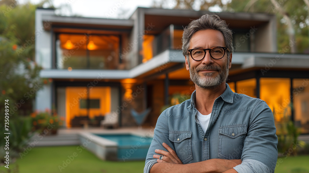 Fototapeta premium Confident American man real estate agent stands proudly outside a modern home, Ai generated image