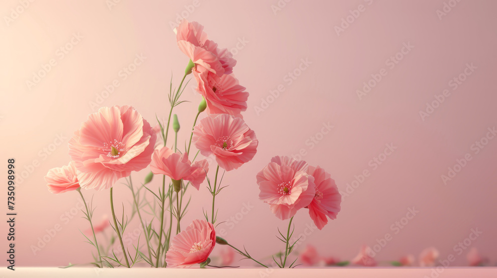 Vivid Pink Cosmos Flowers on Rosy Pink Hue, Vibrant pink cosmos flowers stand out with their delicate petals against a rosy pink hued background.