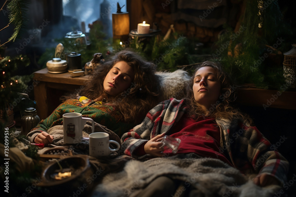 Young friends people sleep after party, cozy winter evening, home pleasant meetings, Christmas. girls, guy, cup of tea in hands, warm clothes Young friends people sleep after party, cozy winter evening, home pleasant meetings, Christmas. girls, guy, cup of tea in hands, warm clothes