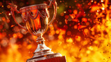 Golden trophy cup, concept of victory and success in competition, shiny award on bokeh background, symbol of achievement and honor