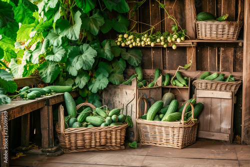 Rustic atmosphere with wooden crates full of fresh cucumbers photo