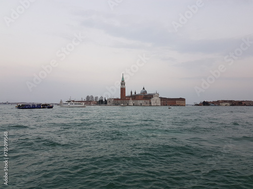 Fototapeta Naklejka Na Ścianę i Meble -  San Giorgio Maggiore island, bell tower, church and boats in Venice