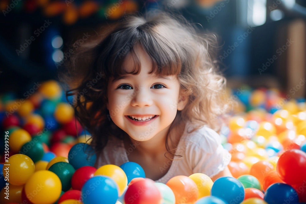 Happy little kid playing at colorful plastic balls playground high view. Adorable girl having fun indoors, kindergarten
Happy little kid playing at colorful plastic balls playground high view. Adorable girl having fun indoors, kindergarten