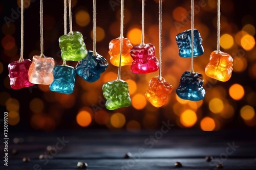 
Hanging colorful fruity sweet candies. Traditional candies for Seker Bayram holiday background. Greeting card background photo