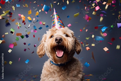 Holiday, postcard, magical. Happy cute dog in party hat celebrating birthday party surrounded by falling confetti