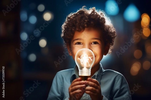  happy cute little kid boy with idea lamp sign