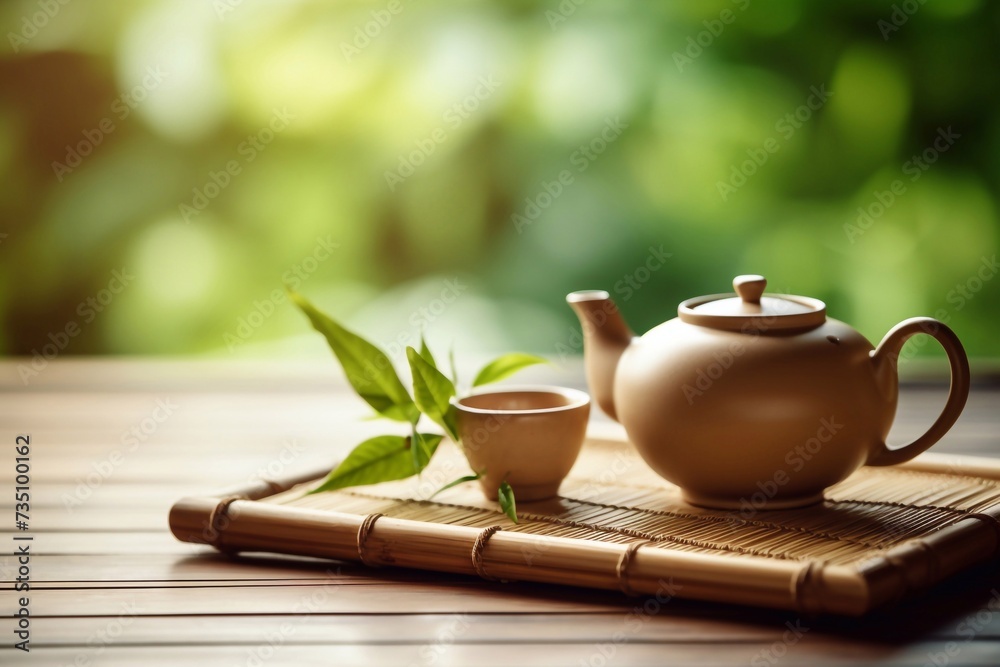 Delicious Japanese tea - hot teapot and cups on a bamboo mat Delicious Japanese tea - hot teapot and cups on a bamboo mat