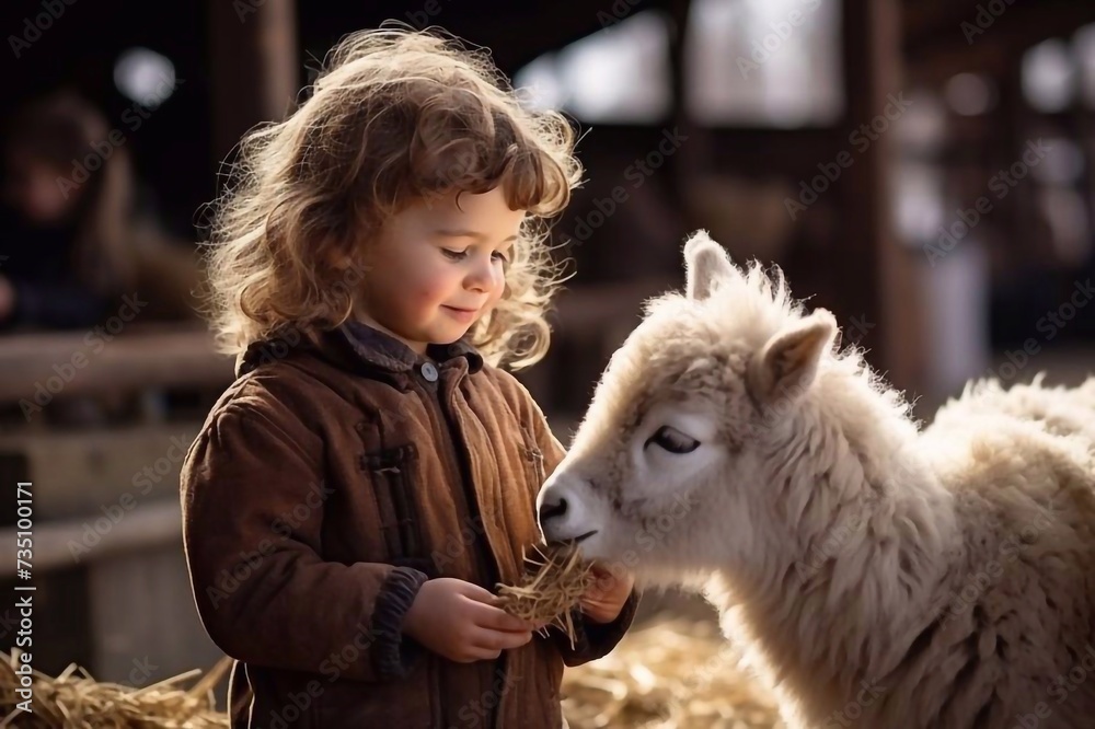 Kids children feed the animals at the farm, petting zoo. Boy feeding pony horse at farmyard. Boy feeding lamb. Girl feeding rabbit at animal farm