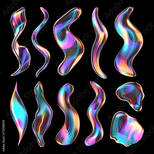 holographic liquid metal shapes set isolated on black 