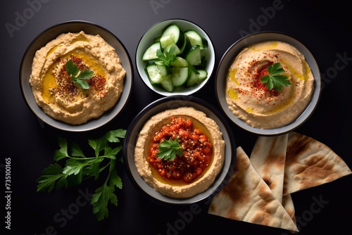 Israeli cuisine: hummus variety, fattoush, baba ganoush, flat bread