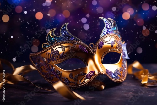 Luxury venetian mask on dark godlen bokeh background. New year and christmas party celebration design banner. Carnival masquerade fantasy costume ball