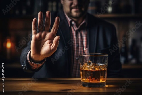 man refuses say no and avoid to drink an alcohol whiskey , stopping hand sign male, alcoholism treatment, alcohol addiction, quit booze, Stop Drinking Alcohol. Refuse Glass liquor, unhealthy, reject photo