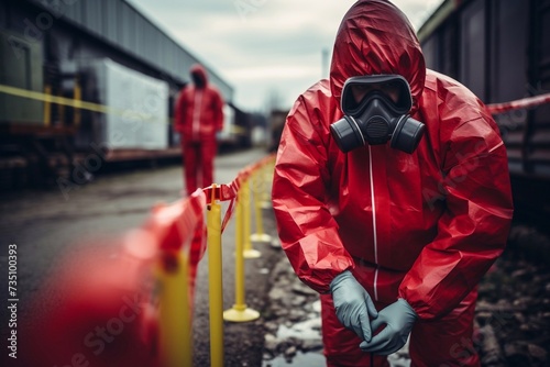 Man inspector scientist investigate chemical gas leak spill with safety face mask PPE suit in area closed barricade security red white tape. danger area infected toxic leak spill cross stripe ribbon photo