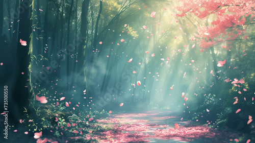 Pink flower petals fall in the forest.