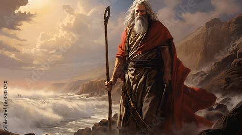 Retro holy Jesus Christ adult age wise saint male human rise arm hold wood wand rod cane back view. Middle east jew cloth Lord law torah exodus story magic egypt cloudy smoke sun light symbol concept