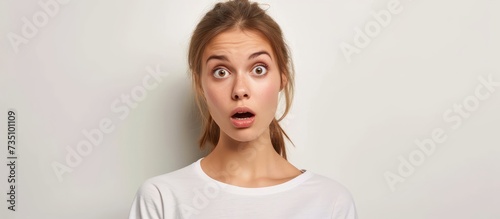 Shocked young woman with surprised expression and open mouth looking at something unexpected photo