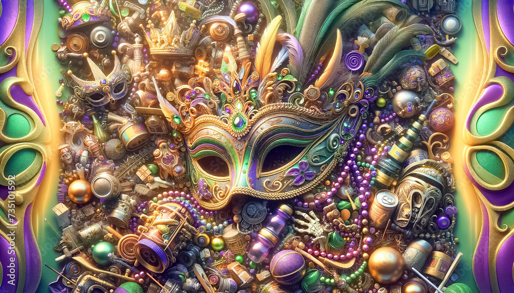 Fototapeta premium Majestic Mardi Gras Mask Amidst a Treasure Trove of Festive Ornaments