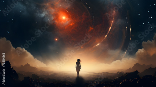 There is a man standing in the middle of a dark cave,, There is a man standing in a space with planets and stars 