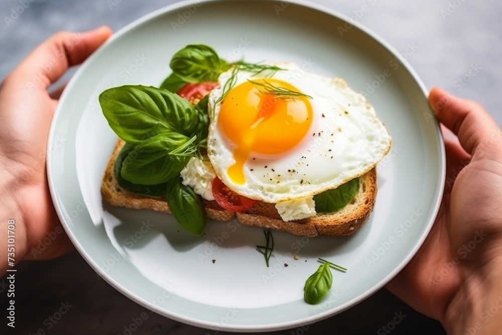 A slice of bread with a fried egg, tomatoes and fresh basil on a plate