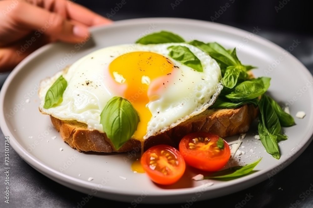 A slice of bread with a fried egg, tomatoes and fresh basil on a plate