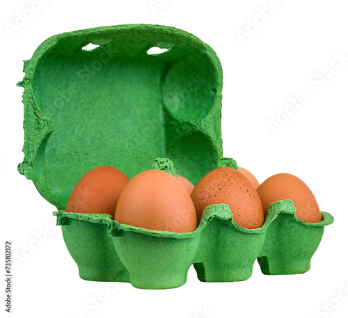 Open green egg box with eggs isolated on a transparent background photo