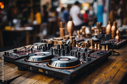 DJ controller with turntables at a wooden bar with a blurred background