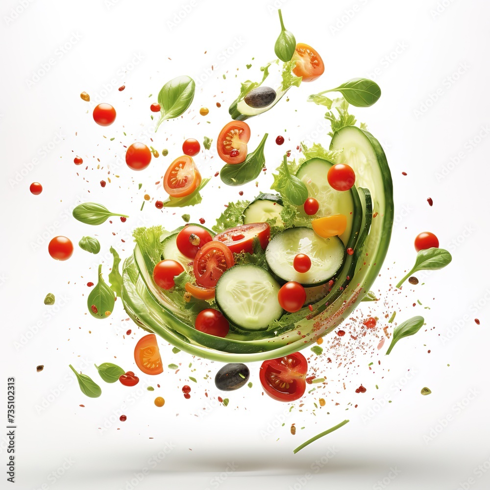 pieces of vegetables flying upwards pieces of vegetables flying upwards