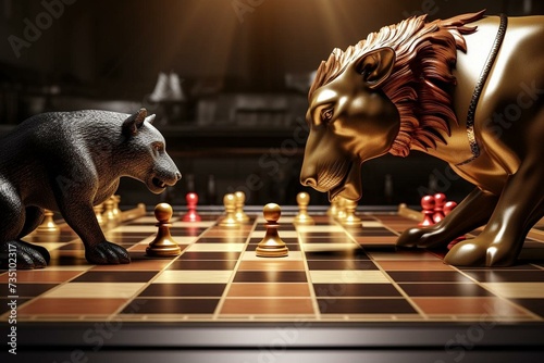 A 3D illustration of a chessboard featuring a bull and bear symbolizing business concepts. Generative AI