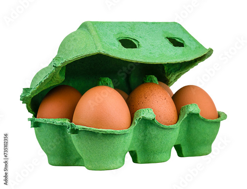 Open green egg box with eggs isolated on a transparent background photo