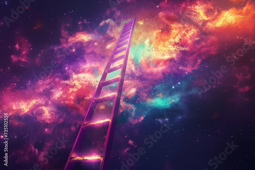A luminous glowing ladder stretching into a vibrant color saturated galaxy
