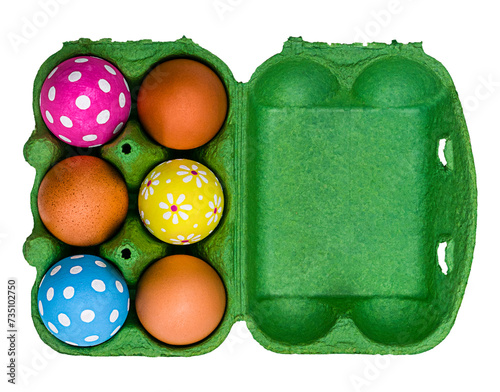 Open green egg box with Easter eggs isolated on a transparent background. Top view photo