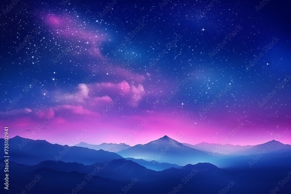 Milky Way and pink light at mountains. Night colorful landscape. Starry sky with hills at summer. Beautiful Universe. Space background with galaxy. Travel background