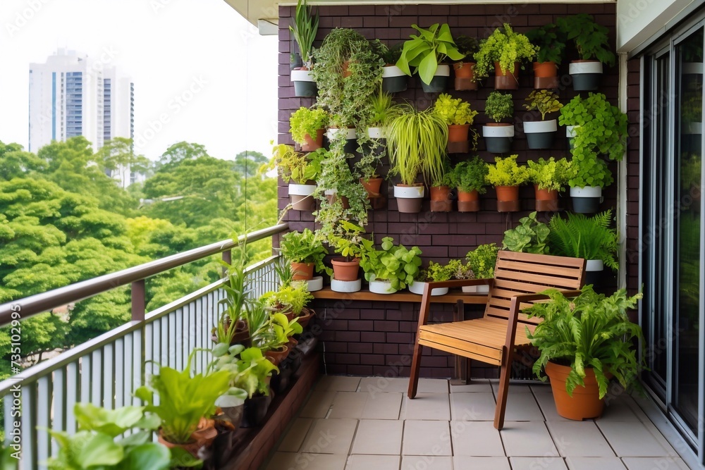 Stylish and beautiful. Morden residential balcony garden with bricks wall and plants