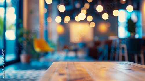 wood table on blur of cafe, coffee shop, bar, background - can used for display or montage your products