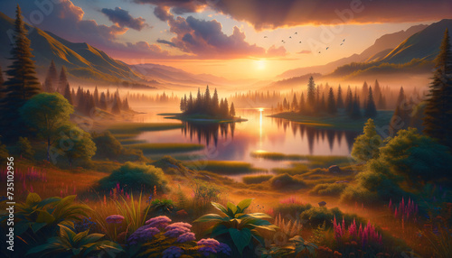 Tranquil simulated landscape with crystal-clear lake and distant mountains.